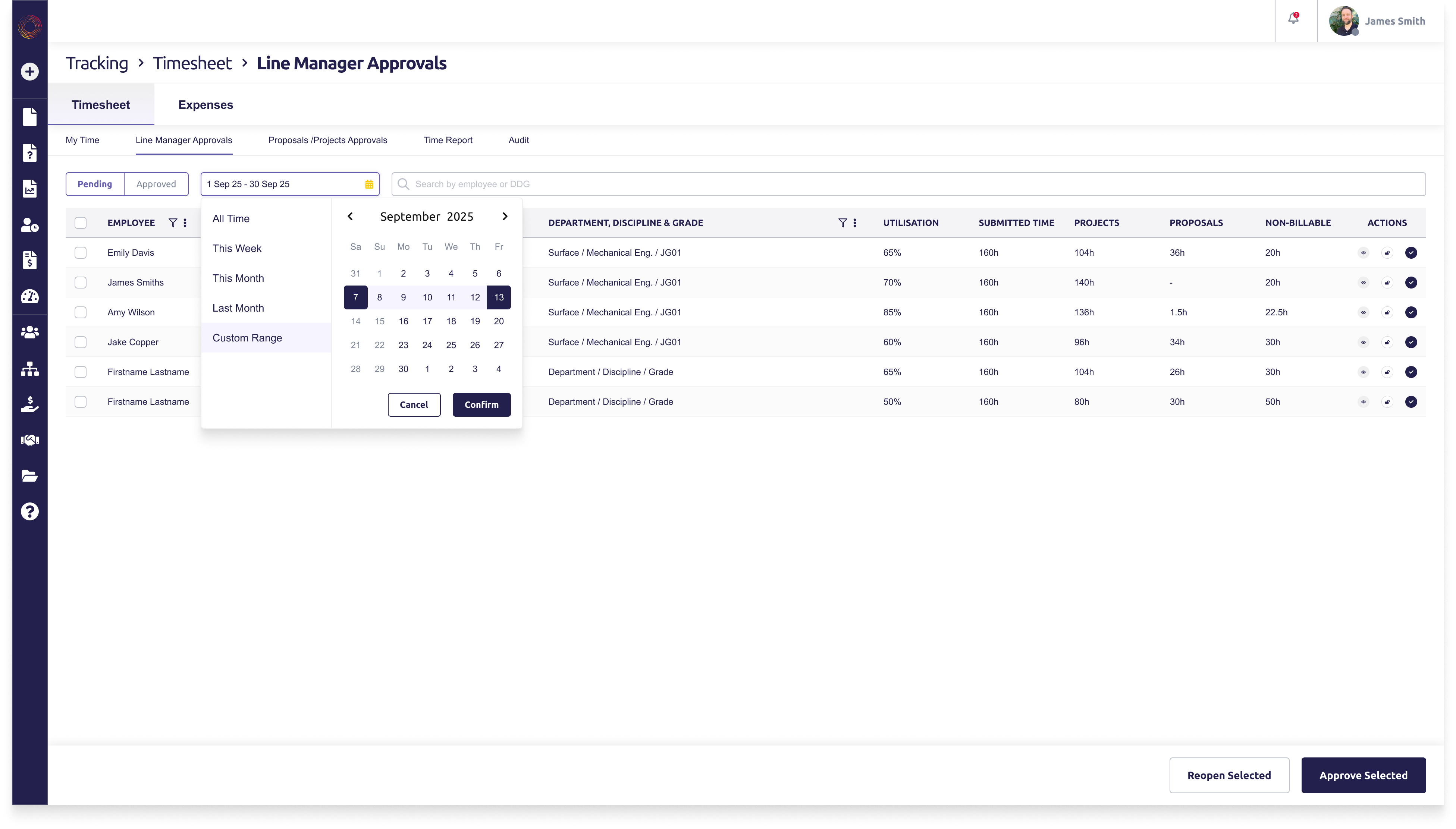 Approvals, daily: A date-range filter replaces the Week column, and rows aggregate each person's entries across the span.