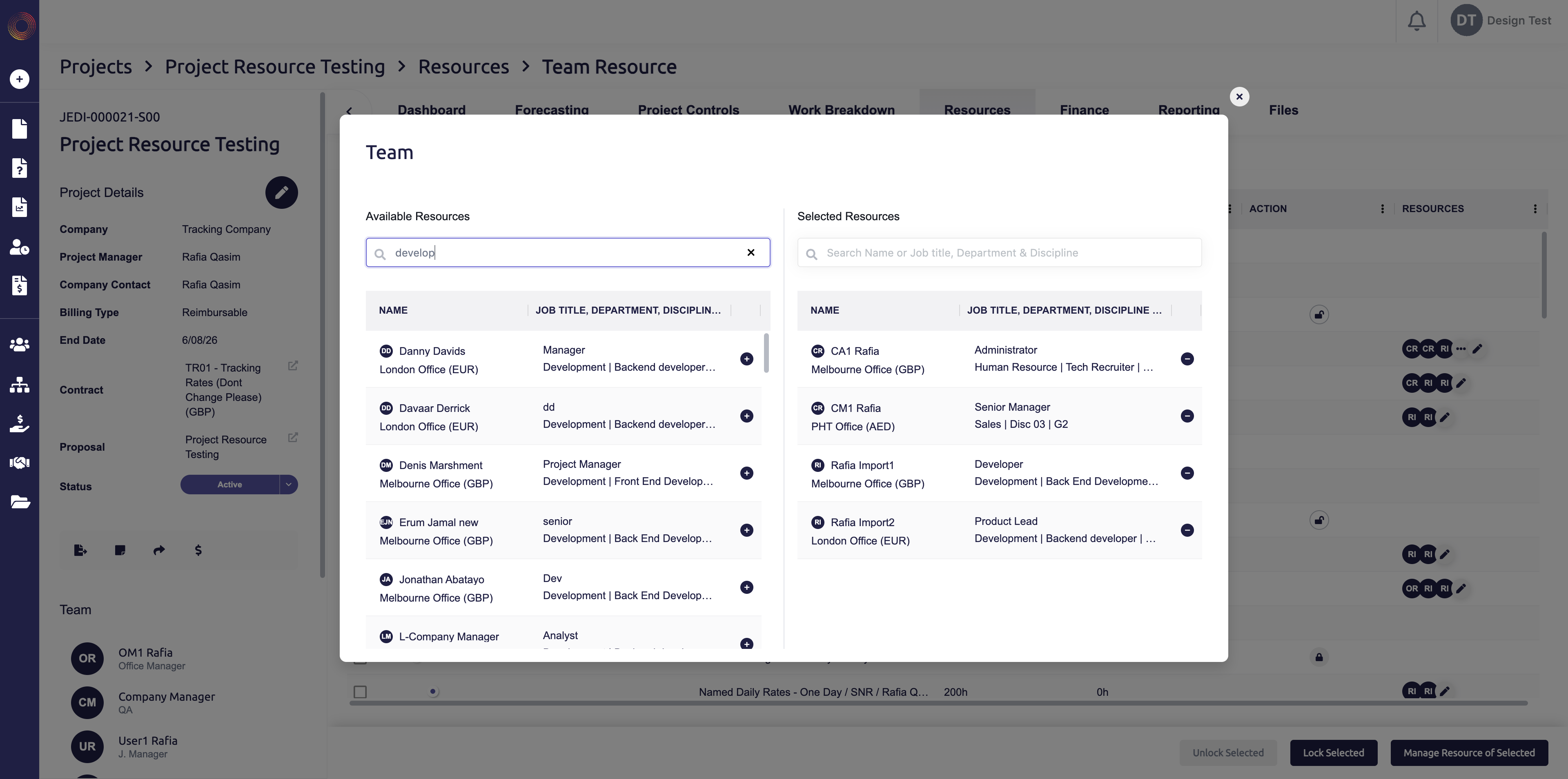 Resource Assignment: The same two-column pattern as Manage Rows is reused so adding people to a project and adding rows to a timesheet feel related.