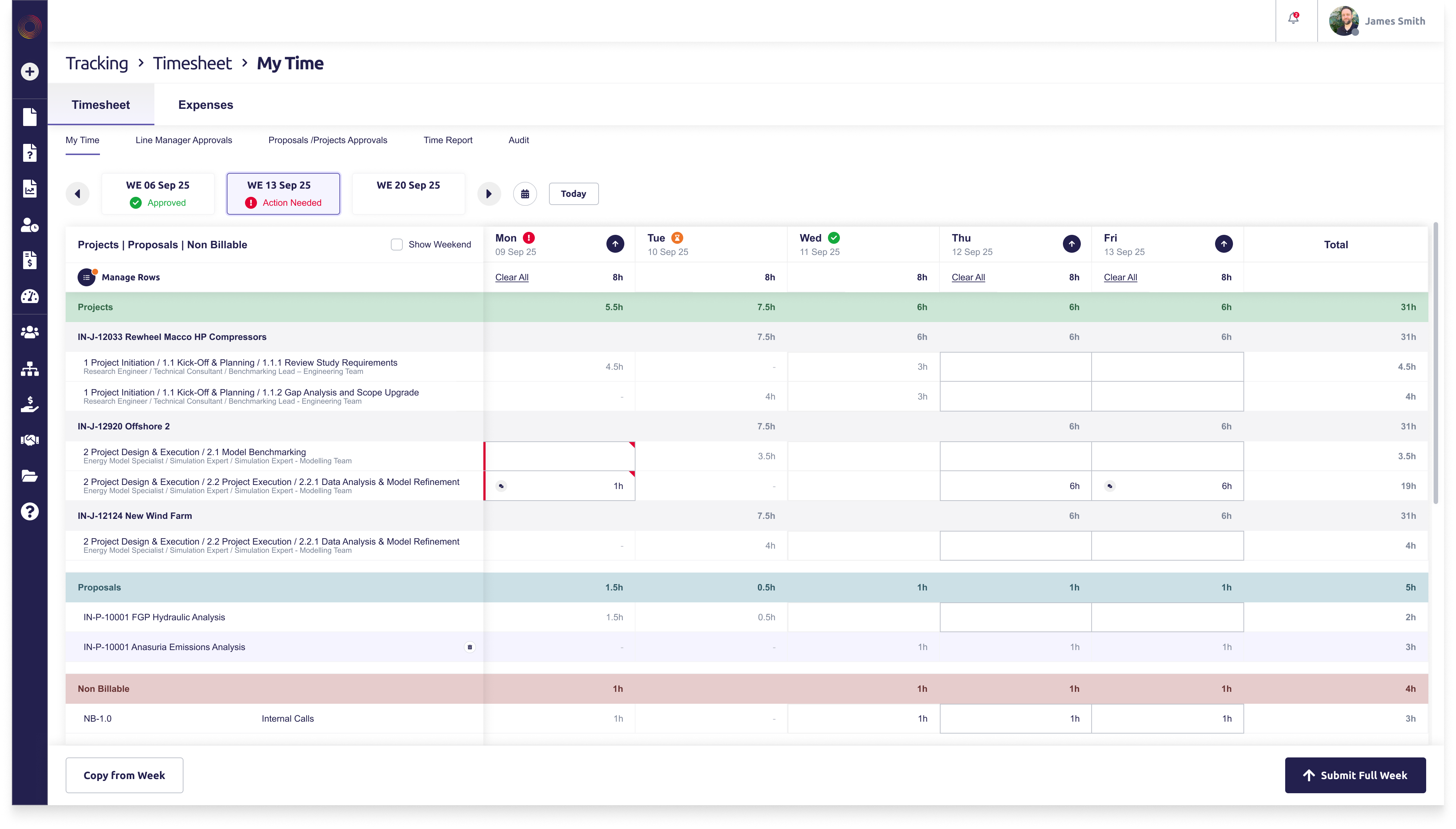 My Time, daily: One week can hold submitted, approved and draft days at once, so editable and locked cells stay distinguishable.