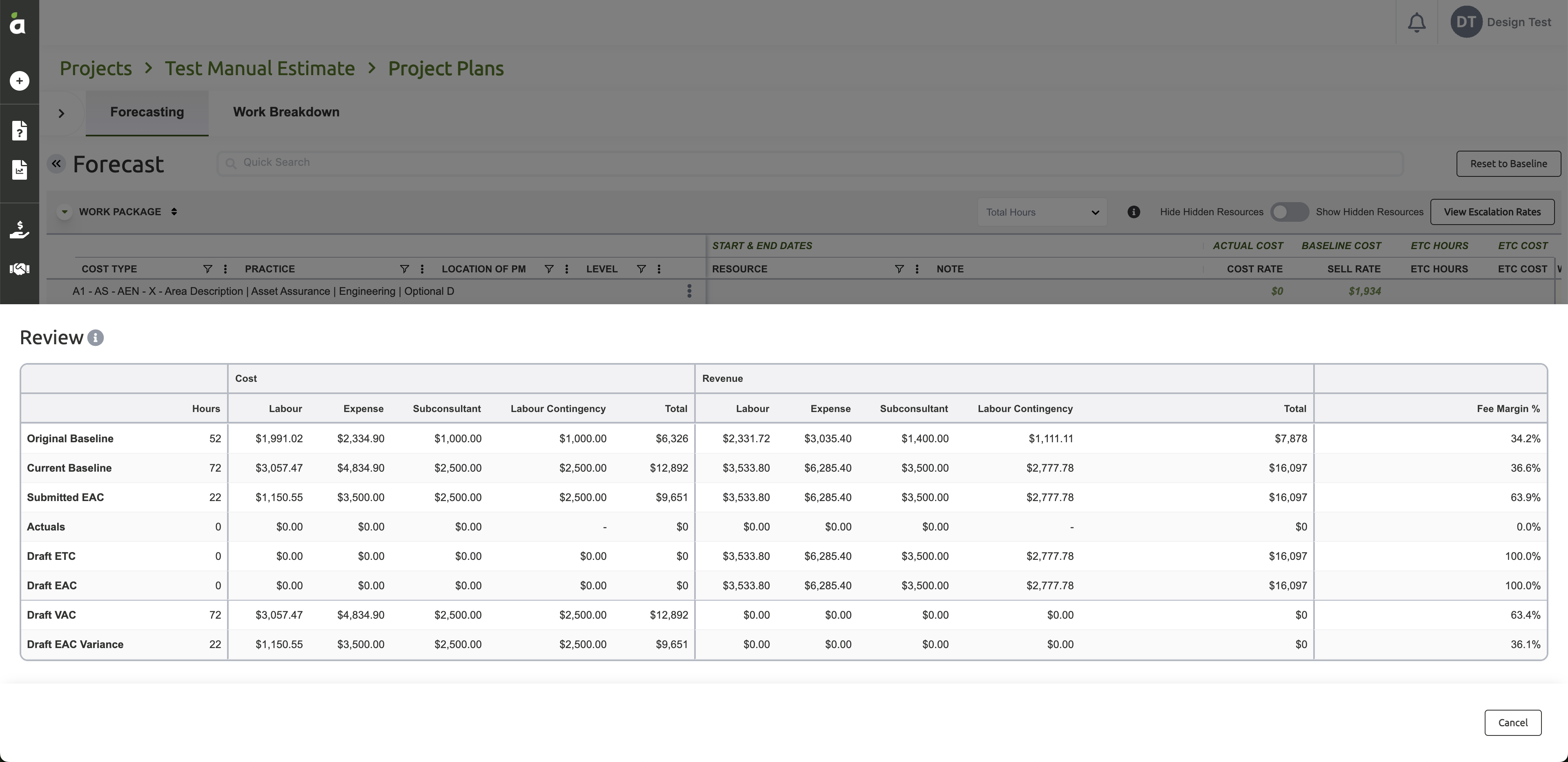 New Review: baseline, actuals and forecast are broken down by cost type across cost and revenue.