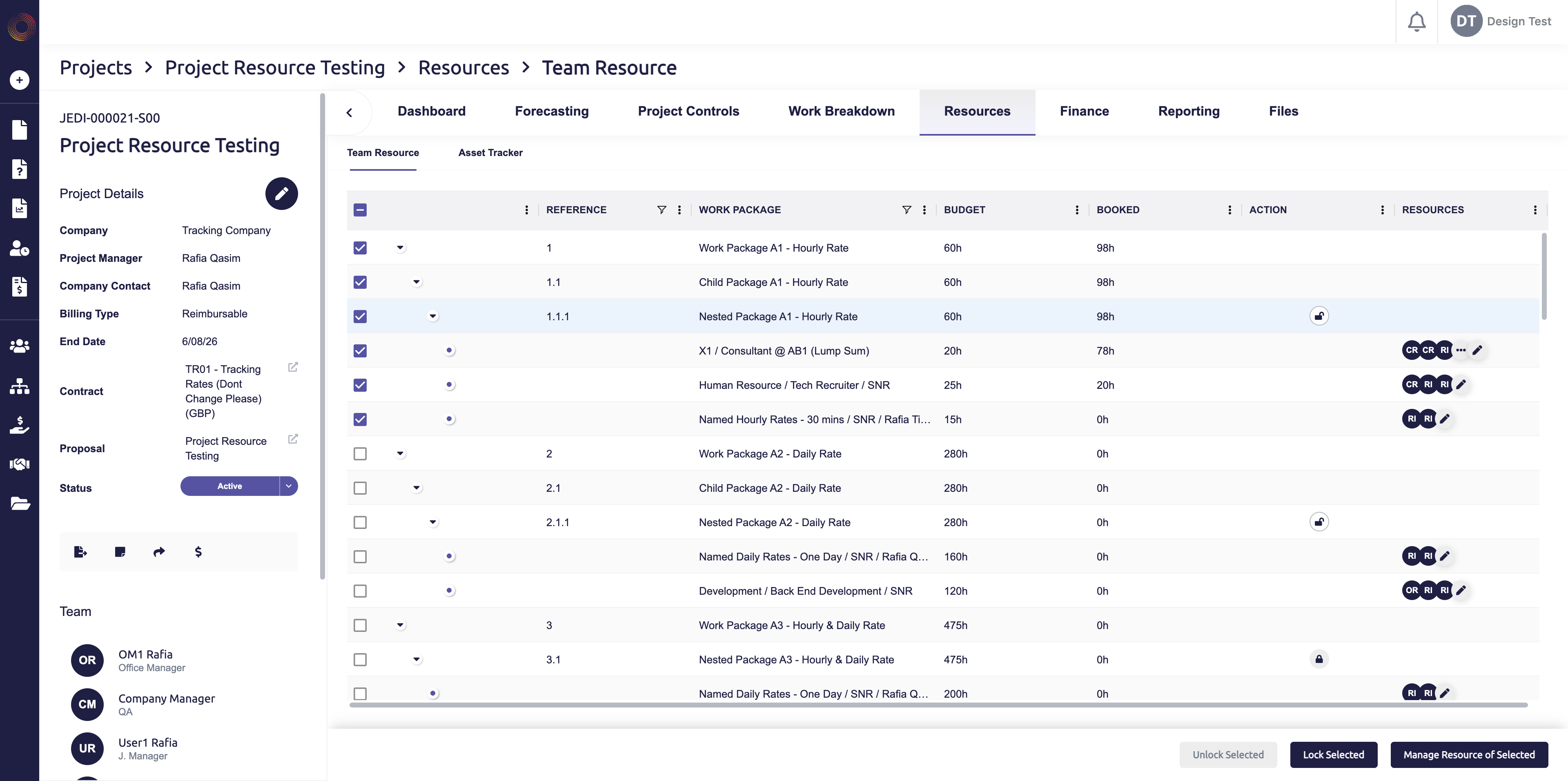 Project Resources: Multi-select across the WBS hierarchy, with budget and booked hours in view so resourcing decisions happen in one pass instead of one row at a time.