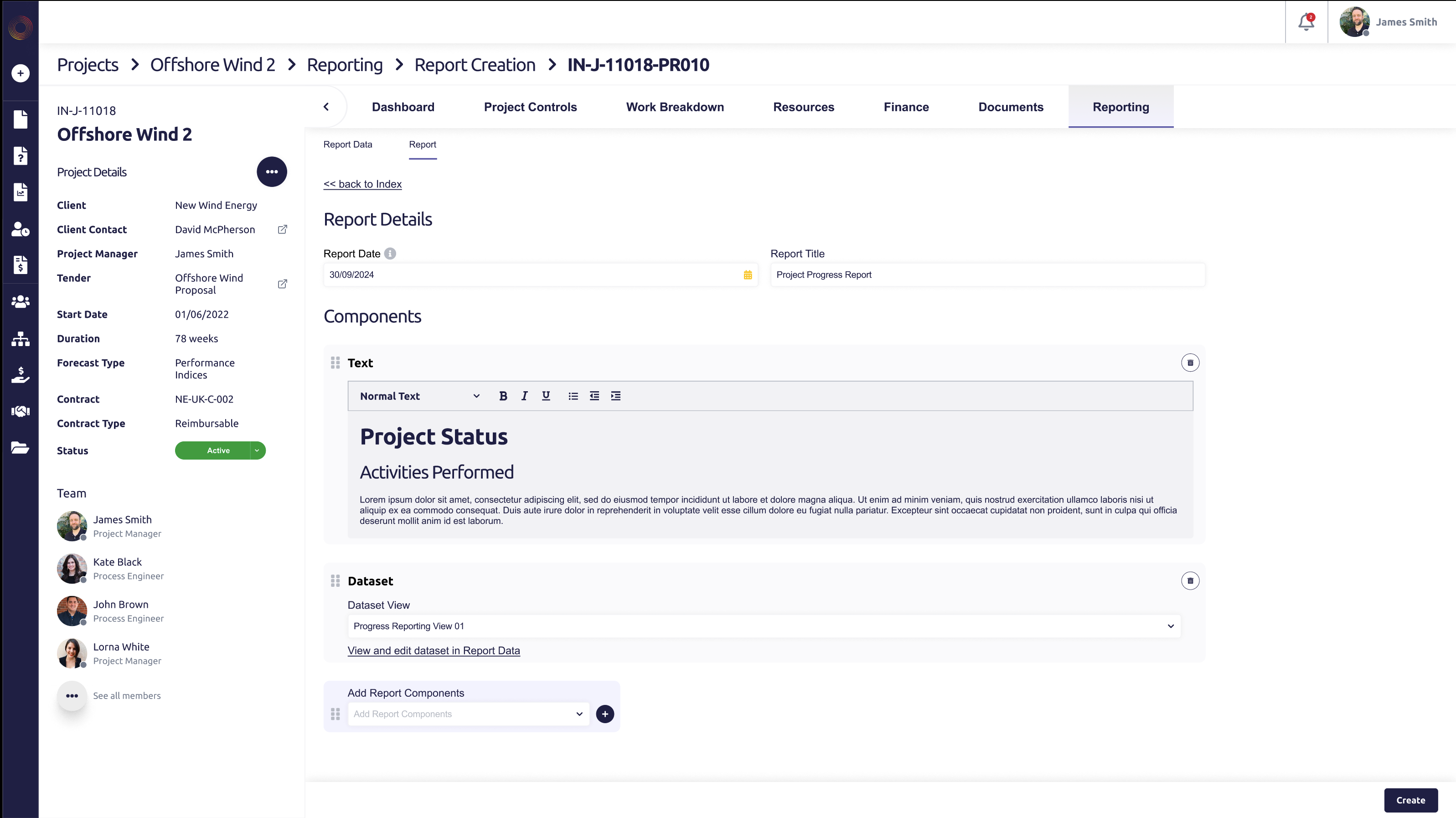 Report creation: PMs compose the client report from reusable components such as text and saved datasets.