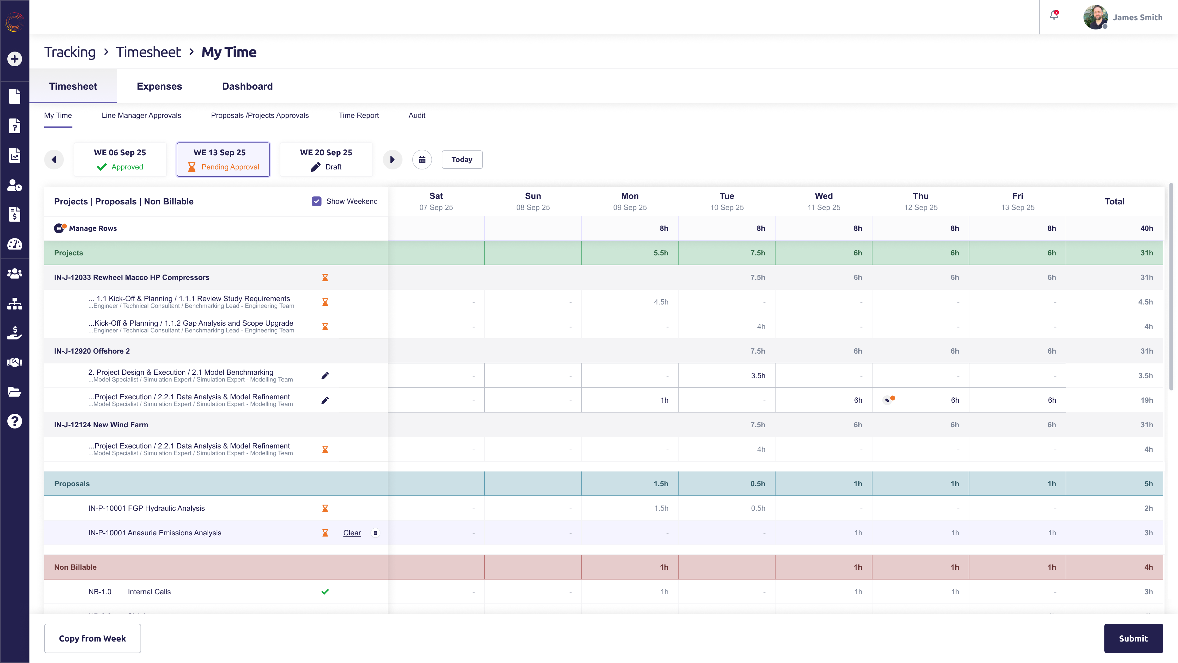My Time: Three categories replace a flat project list, and status lives at both week and row level because a single week's entries can sit with different approvers at once.