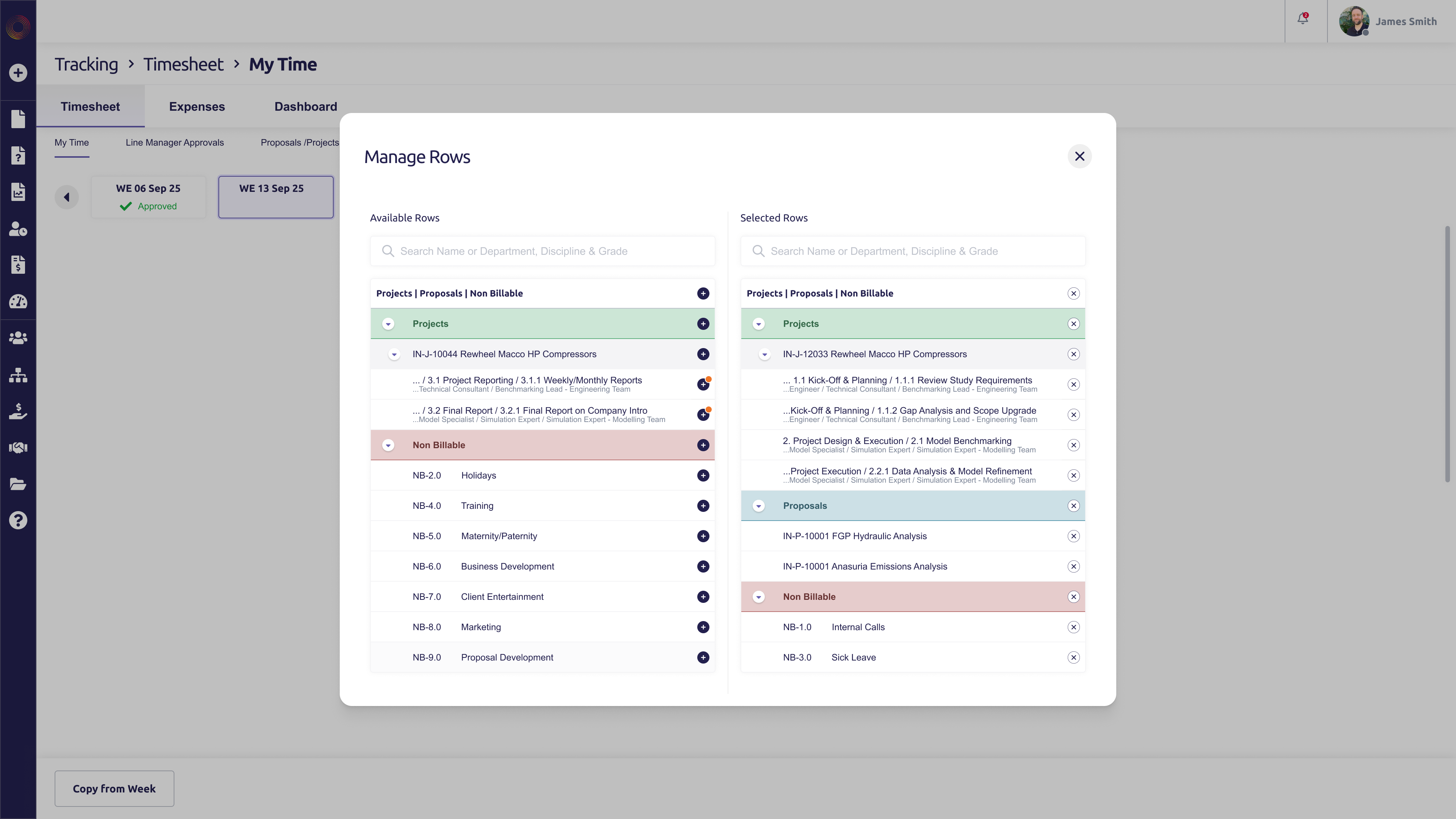 Manage Rows: Search, add, and curate only what's relevant. Newly assigned rows carry a status dot so users know what's changed.